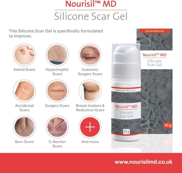 Nourisil MD is a medical-grade silicone scar gel that softens, flattens, and reduces the appearance of new and old scars, including surgical, acne, burn, and injury marks.
