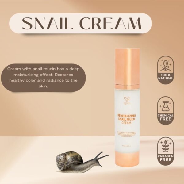 DJOLIS Revitalizing Snail Multi Cream hydrates, repairs, and rejuvenates the skin with powerful snail extract for a smoother, firmer, youthful glow.