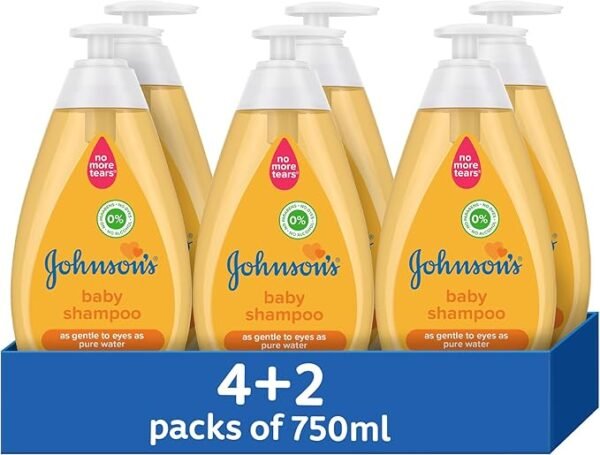 Johnson's Baby Shampoo, NO MORE TEARS, Gentle, Free from Dyes, Parabens, Phthalates, Sulphates, and Alcohol, 750ml Pack of 4 + 2 FREE