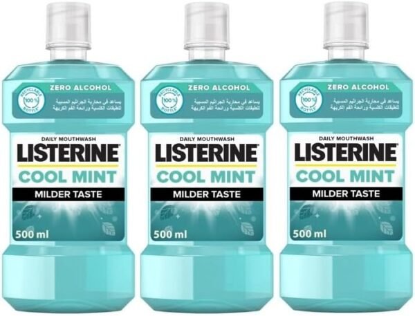 Listerine Cool Mint Milder Taste Mouthwash, Pack of 3x500ml, Clinically Proven Ingredients for Fresh Breath and Oral Hygiene, Backed by Scientific Research