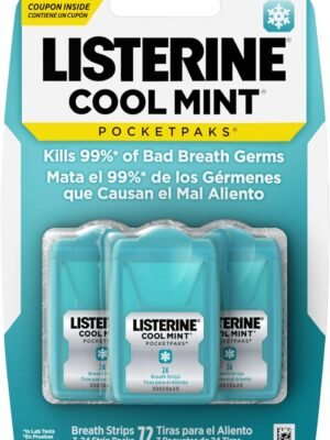711DwRCax+L._AC_SL1500_ Listerine Cool Mint Pocketpaks Breath Strips Kills Bad Breath Germs, 24-Strip Pack, 3 Pack