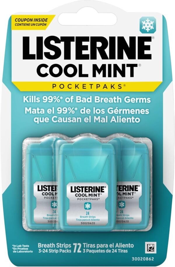 711DwRCax+L._AC_SL1500_ Listerine Cool Mint Pocketpaks Breath Strips Kills Bad Breath Germs, 24-Strip Pack, 3 Pack