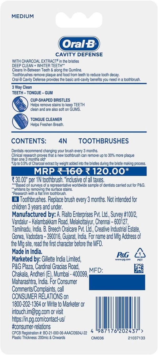 Oral-B Cavity Defense Deep Clean + Whitening Toothbrush with Charcoal Extract Bristles, Tongue Cleaner and Hygienic Head Caps, MEDIUM, Pack of 4.