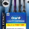 Oral-B Cavity Defense Deep Clean + Whitening Toothbrush with Charcoal Extract Bristles, Tongue Cleaner and Hygienic Head Caps, MEDIUM, Pack of 4.