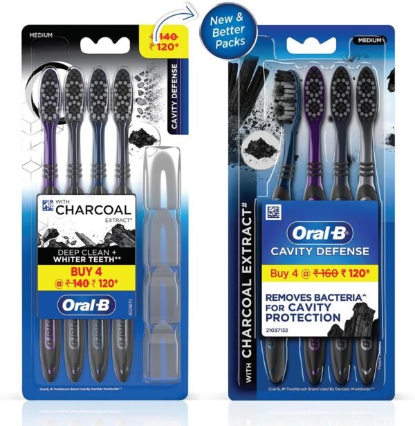 Oral-B Cavity Defense Deep Clean + Whitening Toothbrush with Charcoal Extract Bristles, Tongue Cleaner and Hygienic Head Caps, MEDIUM, Pack of 4.