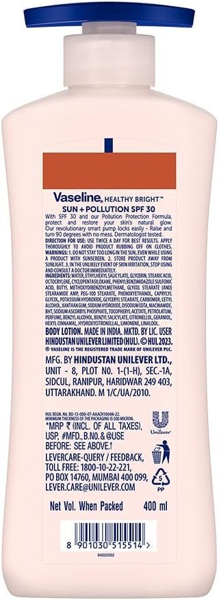 51WyJQA0k7L._AC_SL1000_ Vaseline Healthy Bright Sun Protection Body Lotion SPF 30 400 ml Daily Moisturizer for Dry Skin, Gives Non-Greasy Glowing Skin - For Men & Women